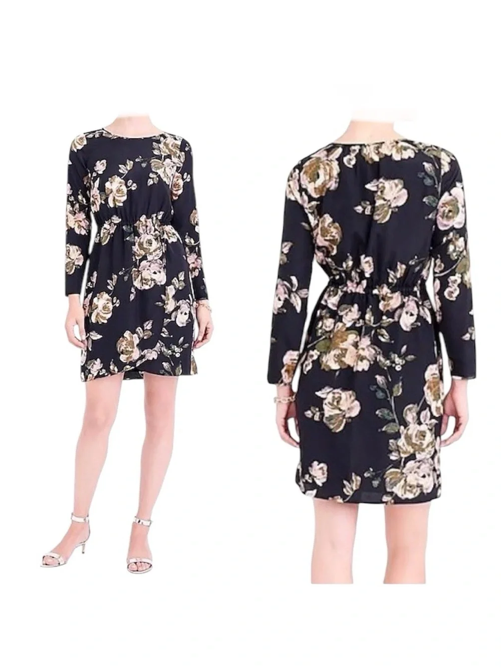 NWT J. Crew Black Floral Long Sleeve Tulip Hem Dress - Size 8  Polyester